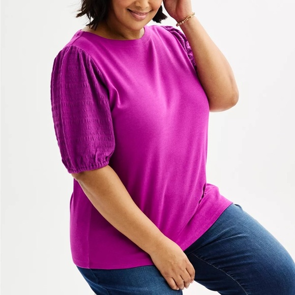 Ultra Cute Women’s Croft & Barrow Smocked Sleeve Bateau Top In Magenta Size 3X - Picture 2 of 7